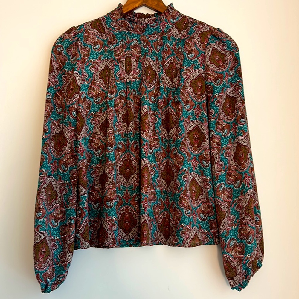 Joie Brown Teal Green Paisley Long Sleeved Mock Neck Blouse